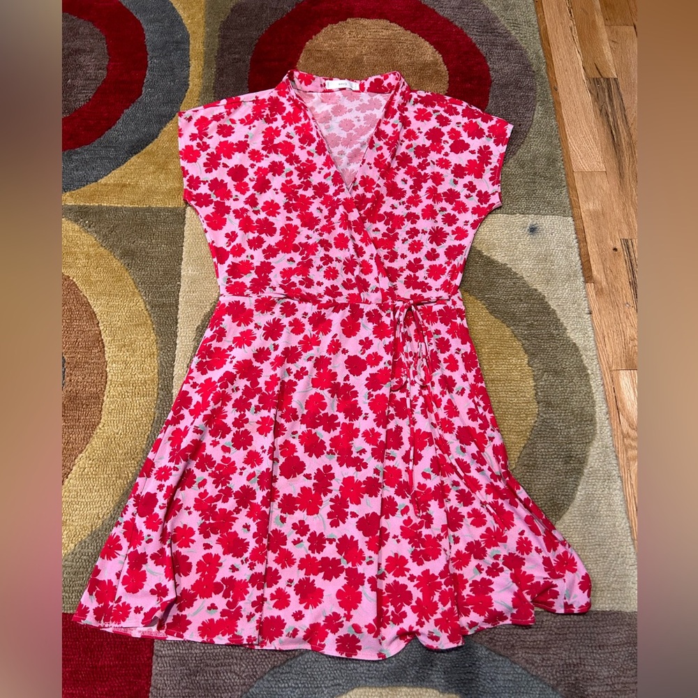 Mng Mango Women's Print Wrap Dress Red Floral Print Mini Dress Xl